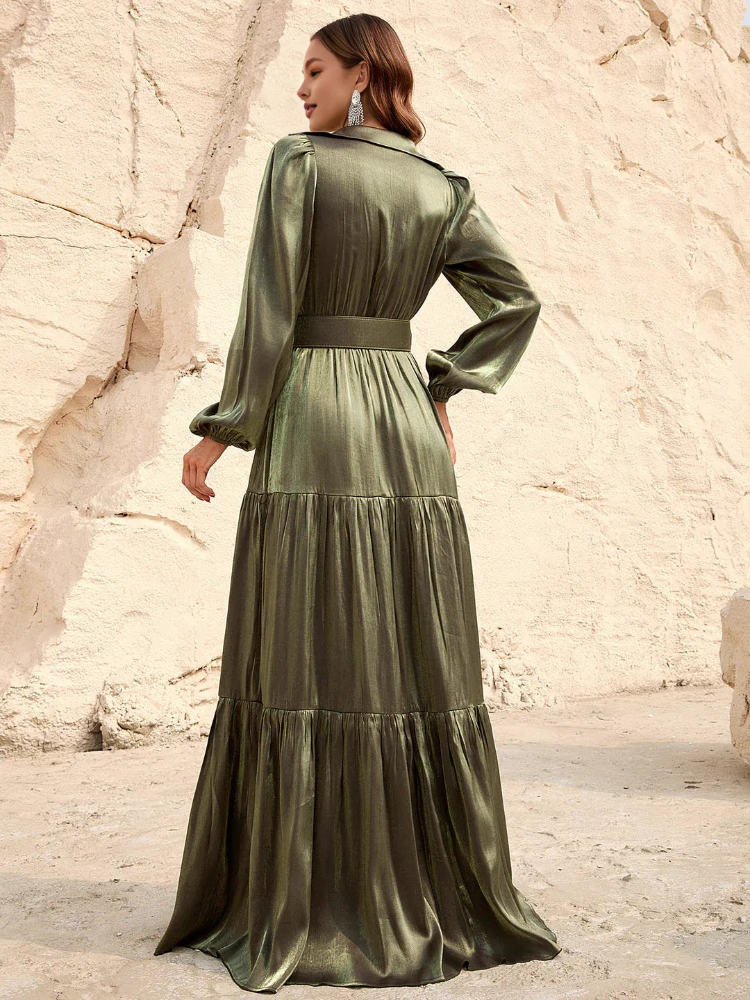 Elegant A-Line V Neck Lantern Sleeve Floor-Length Prom Dress